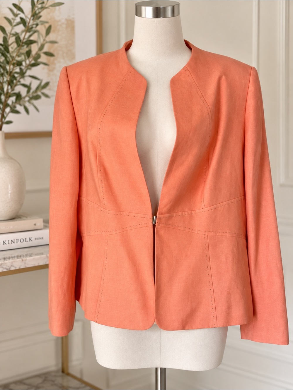 Tahari ASL Coral Peach Linen Blend Blazer Tailor Open Front Office Chic 16P